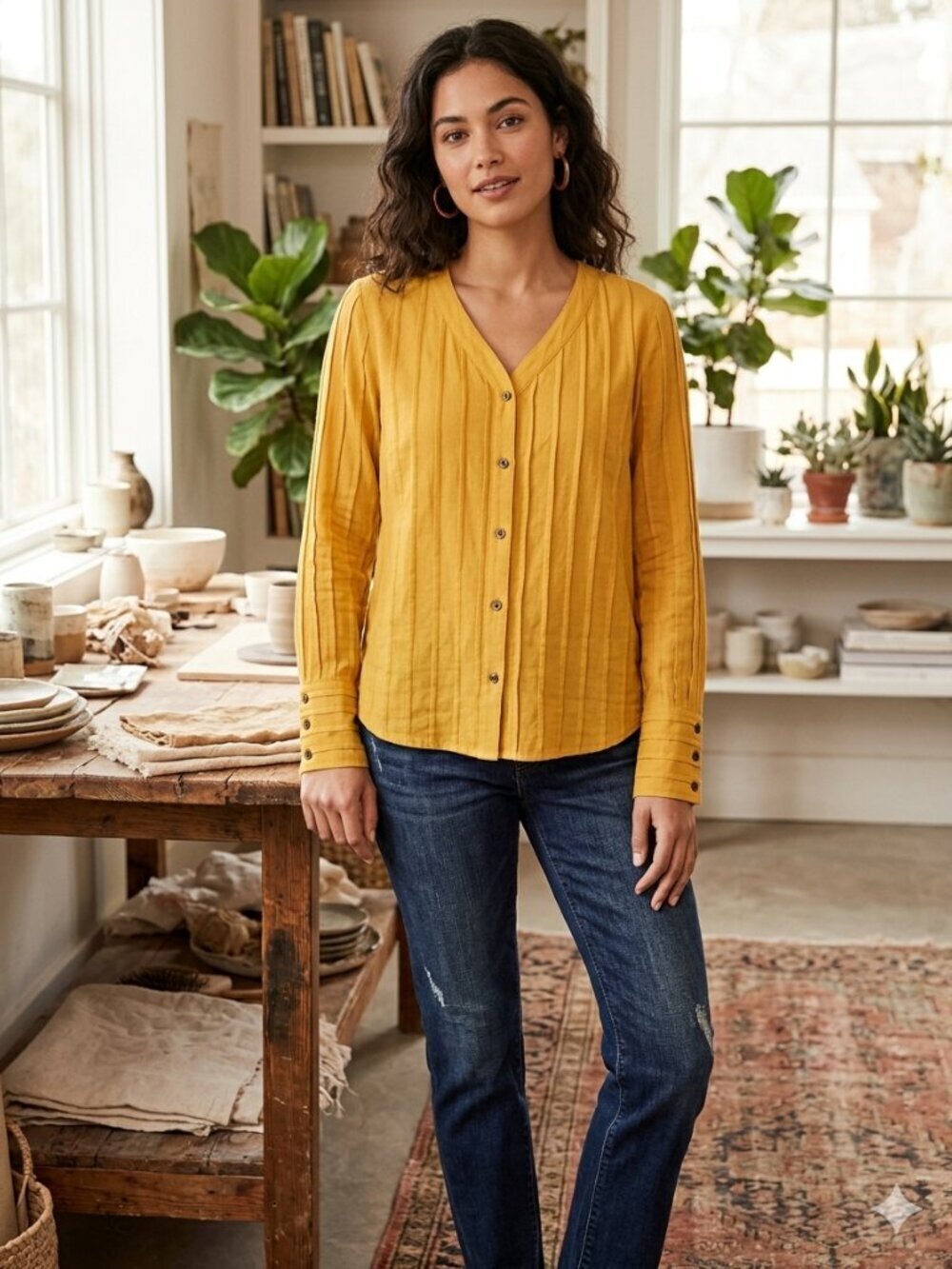 Treasure & Bond Women's Size XS Yellow Button Down Long Sleeve Open Back Top